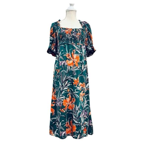 Anthropologie Puff Sleeve Smocked Floral Midi Dress Size Small Tropical - Picture 2 of 11